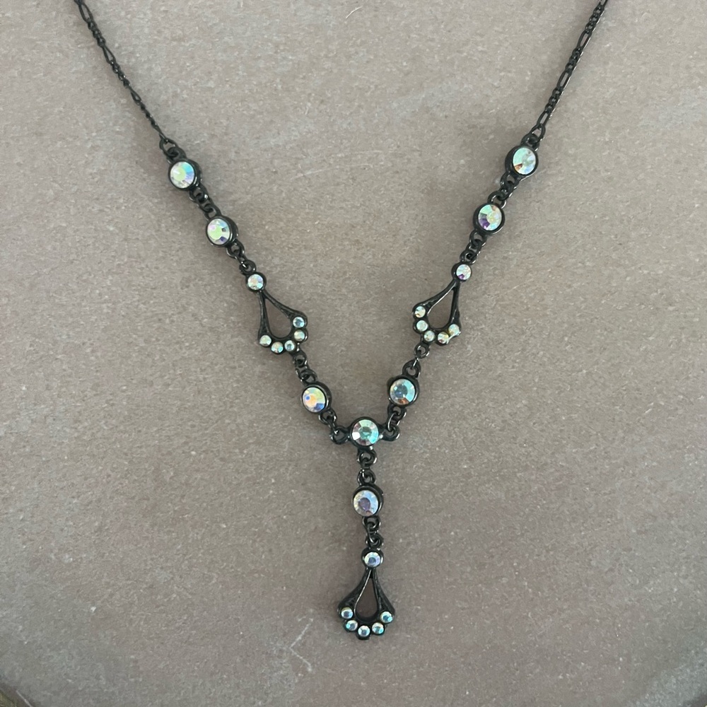 Vintage Bellago USA Aurora Borealis Crystal Necklace in Gun Metal